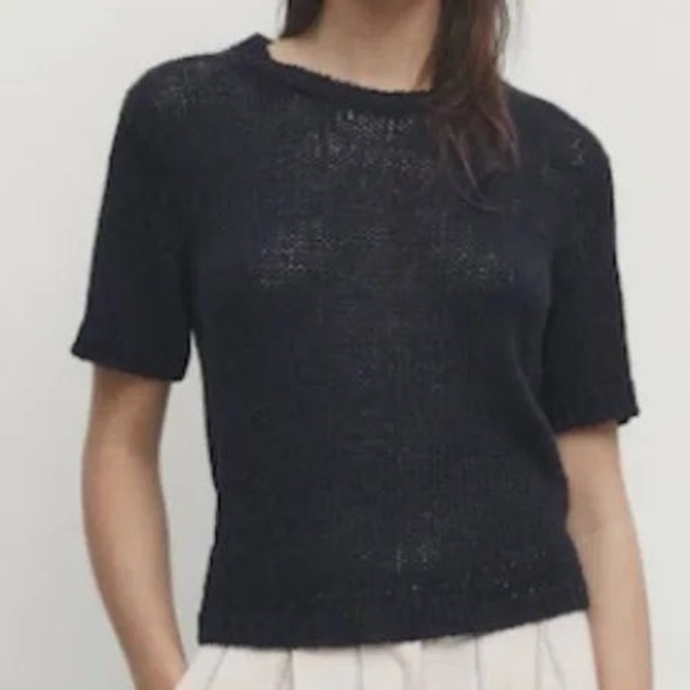 Massimo Dutti Navy Blue Short Sleeve Chunky Knit Sweater Made in Italy XS